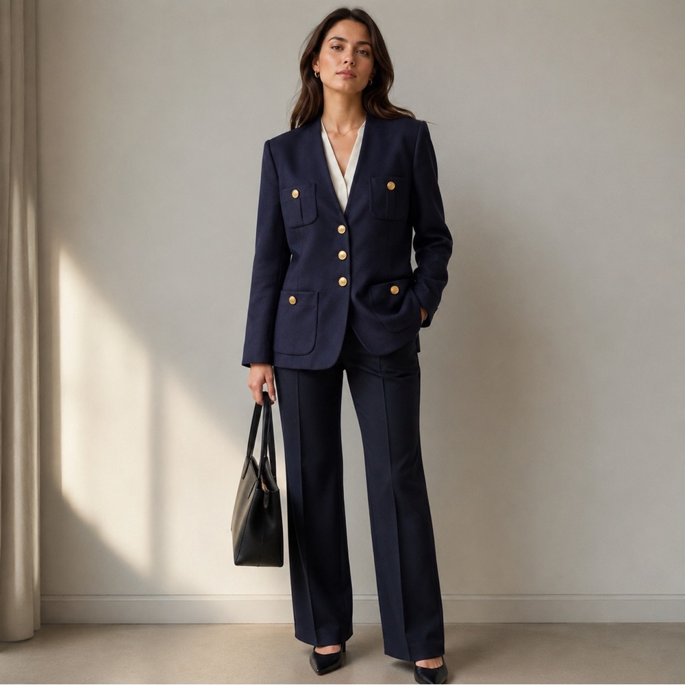 Oleg Cassini Wool Blazer Jacket Womens 8 Petite Navy Blue Career Business Office